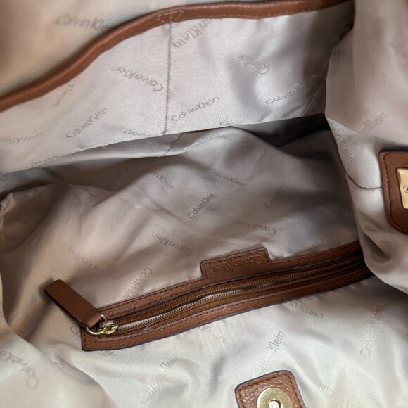 CALVIN KLEIN Cognac Pebbled Leather Hobo | Gold Ring Hardware - Picture 8 of 14